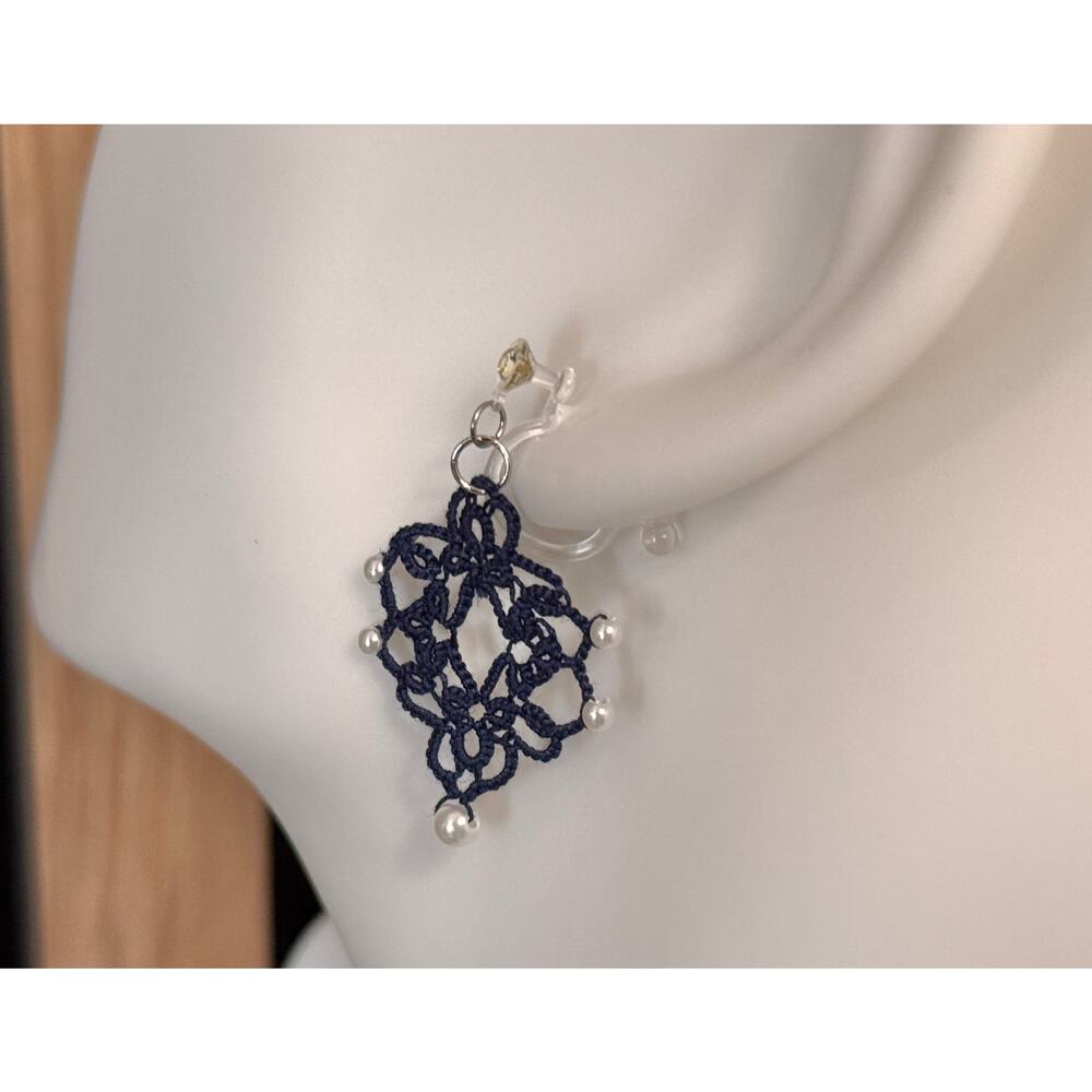 Brand New Navy Unique Shape Tatted Lace Clip-On, Handmade Dangle Drop Earrings